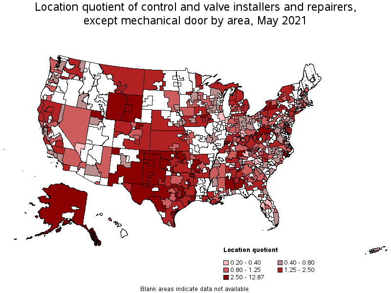 Map of location quotient of control and valve installers and repairers, except mechanical door by area, May 2021