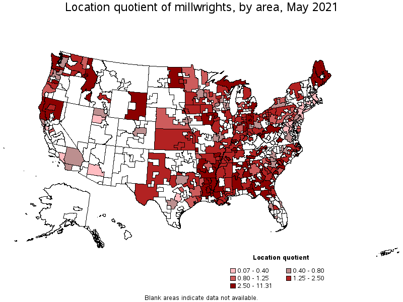 Map of location quotient of millwrights by area, May 2021