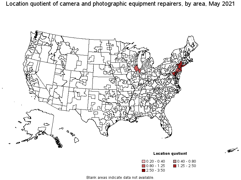Map of location quotient of camera and photographic equipment repairers by area, May 2021