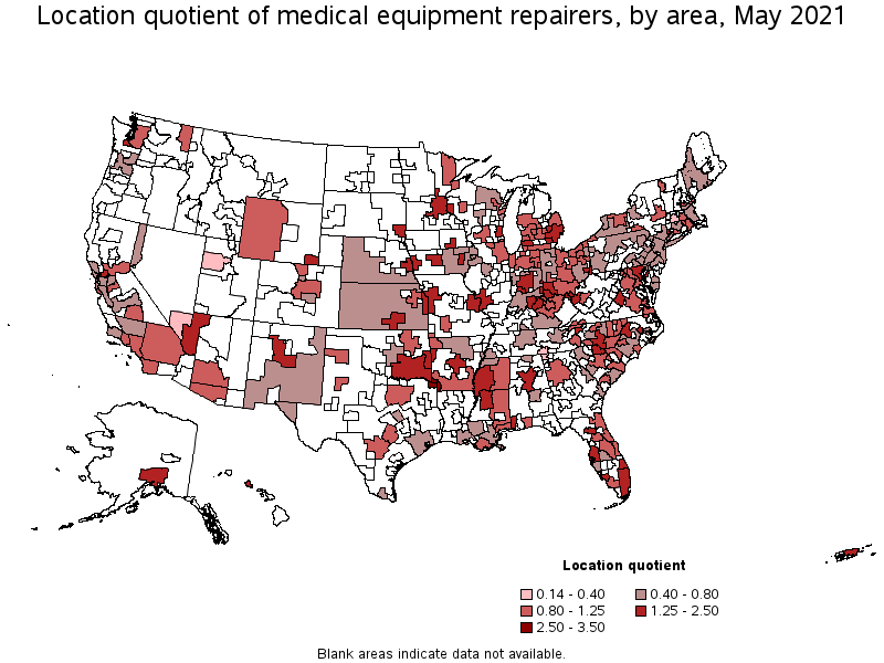 Map of location quotient of medical equipment repairers by area, May 2021