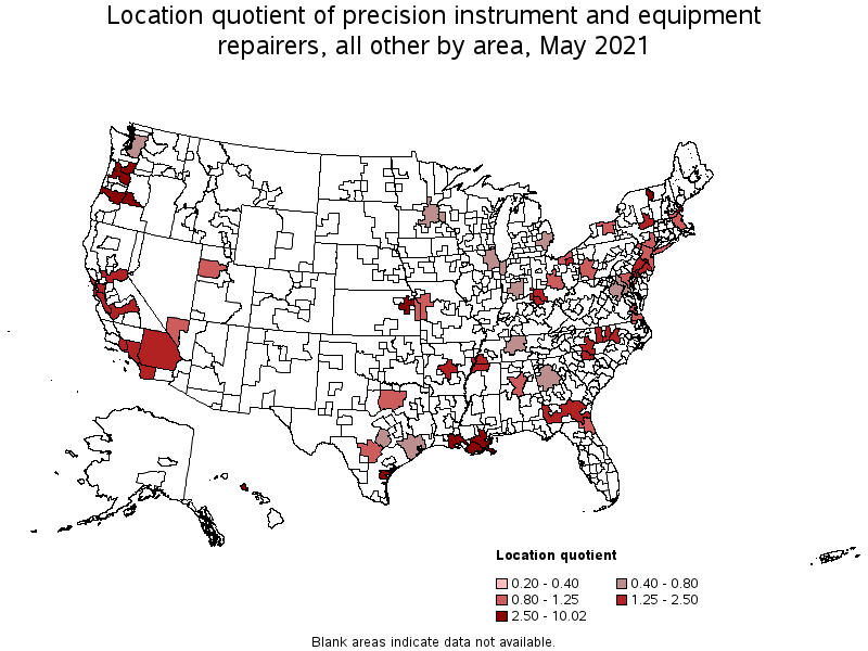 Map of location quotient of precision instrument and equipment repairers, all other by area, May 2021