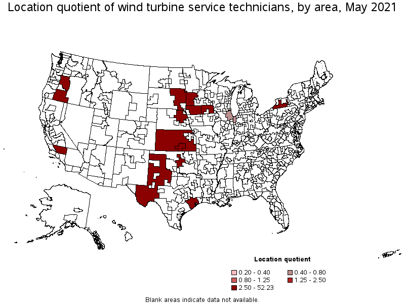 Map of location quotient of wind turbine service technicians by area, May 2021