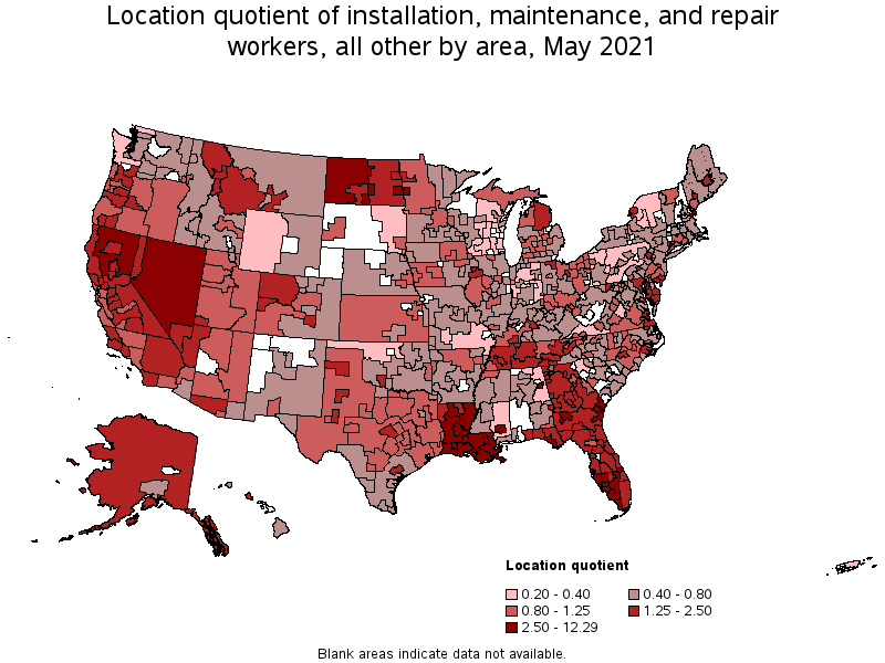 Map of location quotient of installation, maintenance, and repair workers, all other by area, May 2021