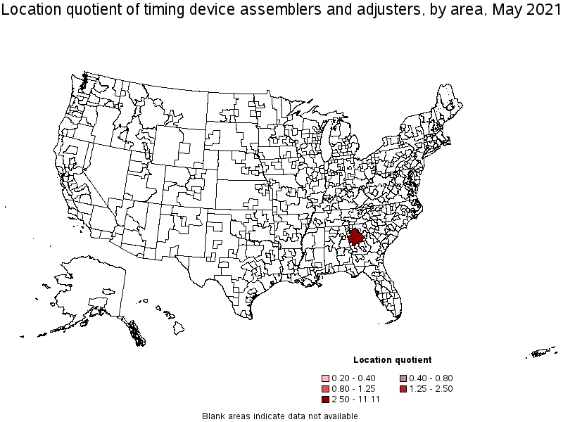 Map of location quotient of timing device assemblers and adjusters by area, May 2021