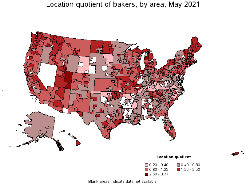 Map of location quotient of bakers by area, May 2021