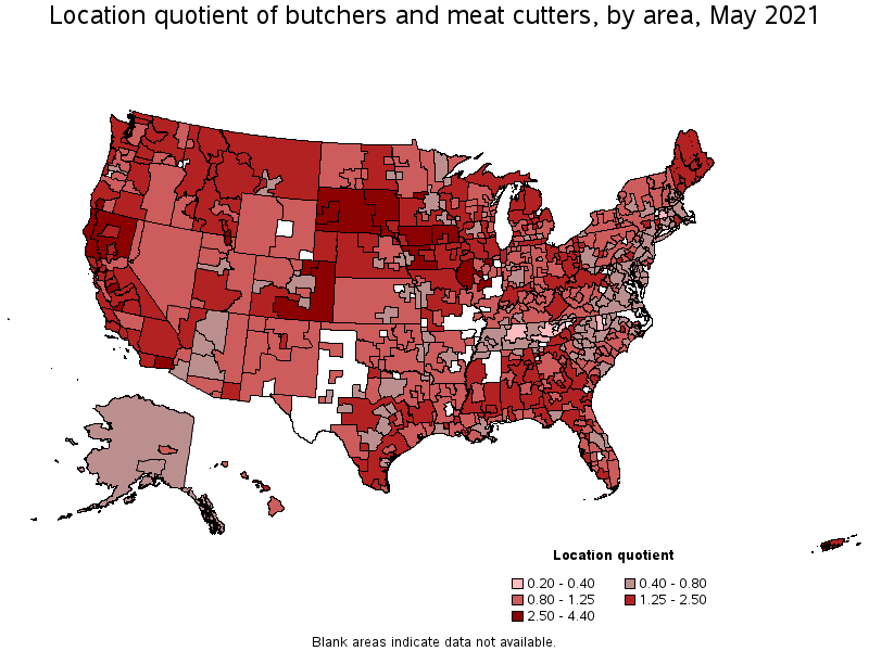 Map of location quotient of butchers and meat cutters by area, May 2021