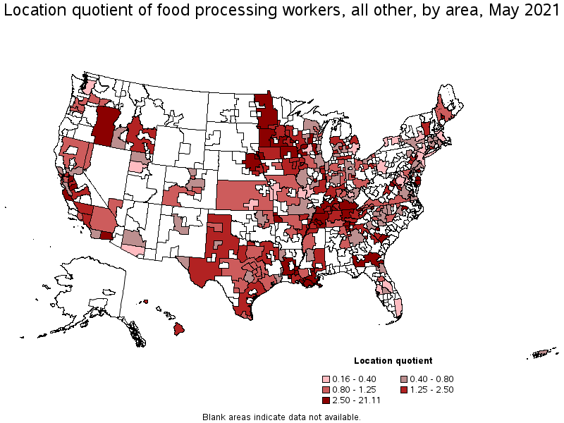 Map of location quotient of food processing workers, all other by area, May 2021