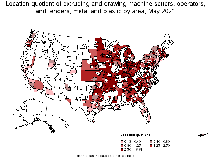 Map of location quotient of extruding and drawing machine setters, operators, and tenders, metal and plastic by area, May 2021