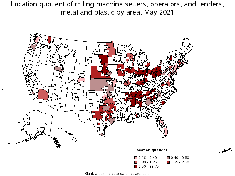 Map of location quotient of rolling machine setters, operators, and tenders, metal and plastic by area, May 2021