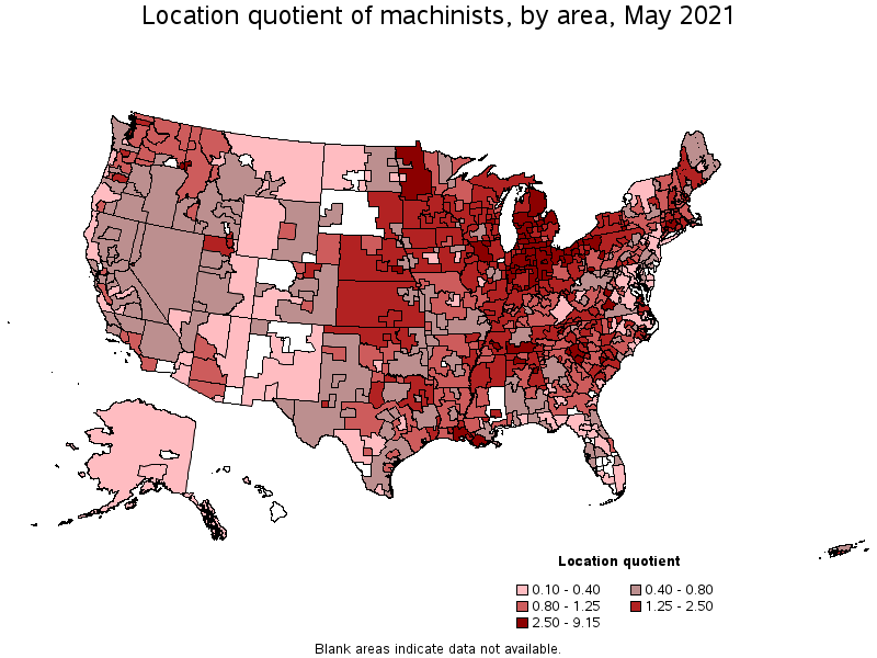 Map of location quotient of machinists by area, May 2021