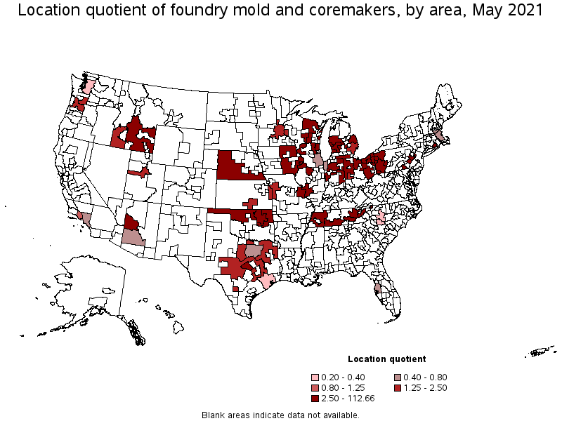 Map of location quotient of foundry mold and coremakers by area, May 2021