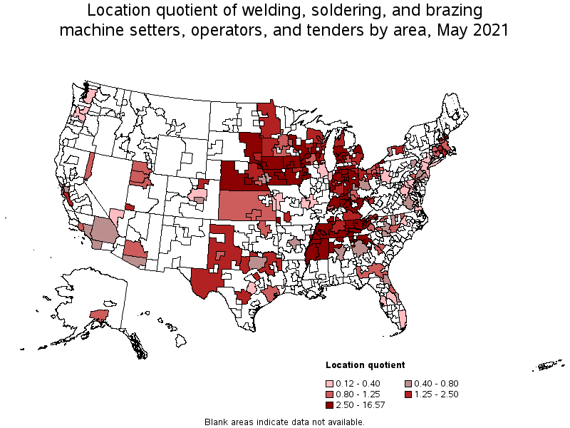 Map of location quotient of welding, soldering, and brazing machine setters, operators, and tenders by area, May 2021