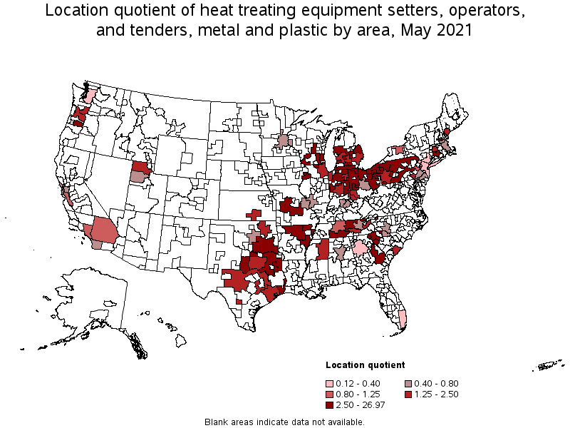Map of location quotient of heat treating equipment setters, operators, and tenders, metal and plastic by area, May 2021