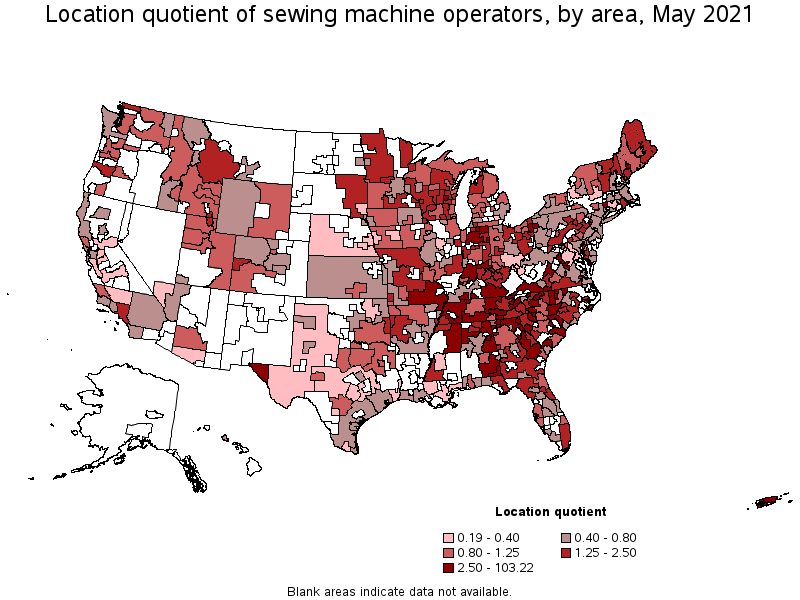 Map of location quotient of sewing machine operators by area, May 2021