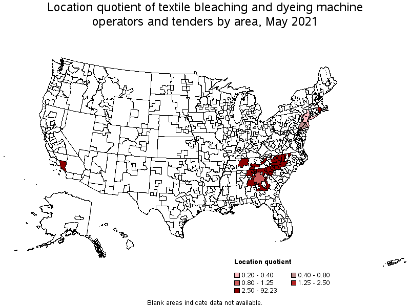 Map of location quotient of textile bleaching and dyeing machine operators and tenders by area, May 2021