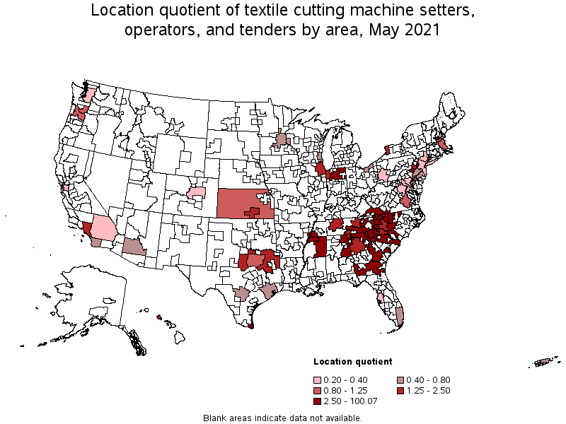 Map of location quotient of textile cutting machine setters, operators, and tenders by area, May 2021