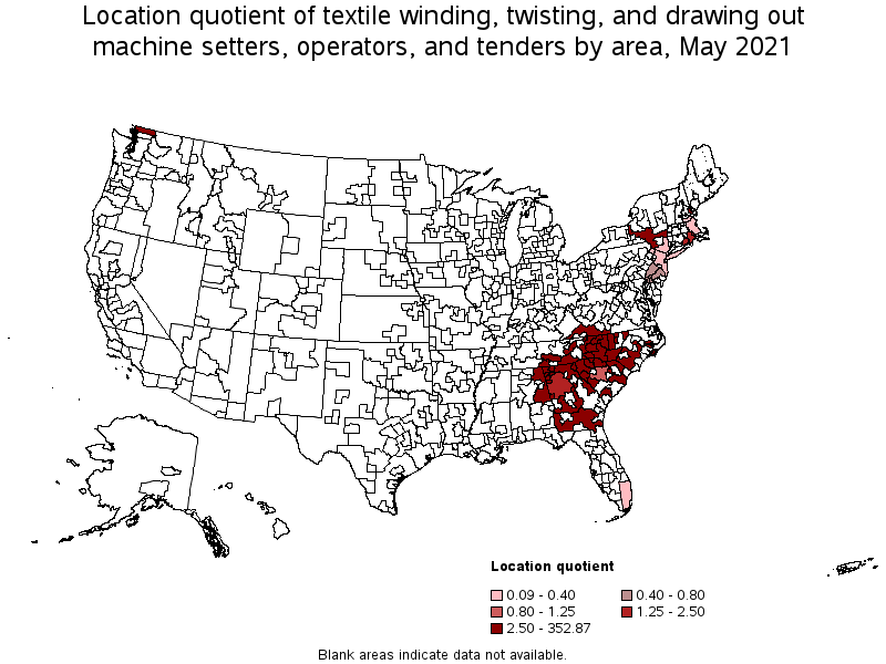 Map of location quotient of textile winding, twisting, and drawing out machine setters, operators, and tenders by area, May 2021
