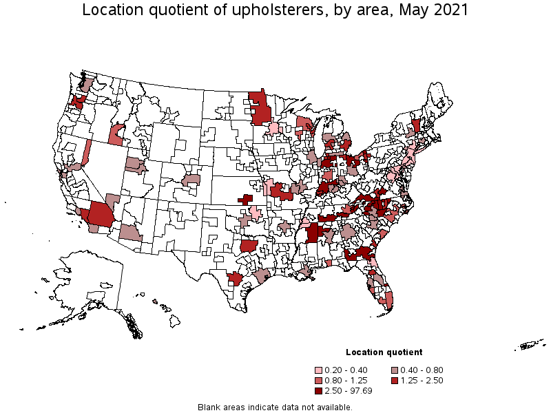 Map of location quotient of upholsterers by area, May 2021