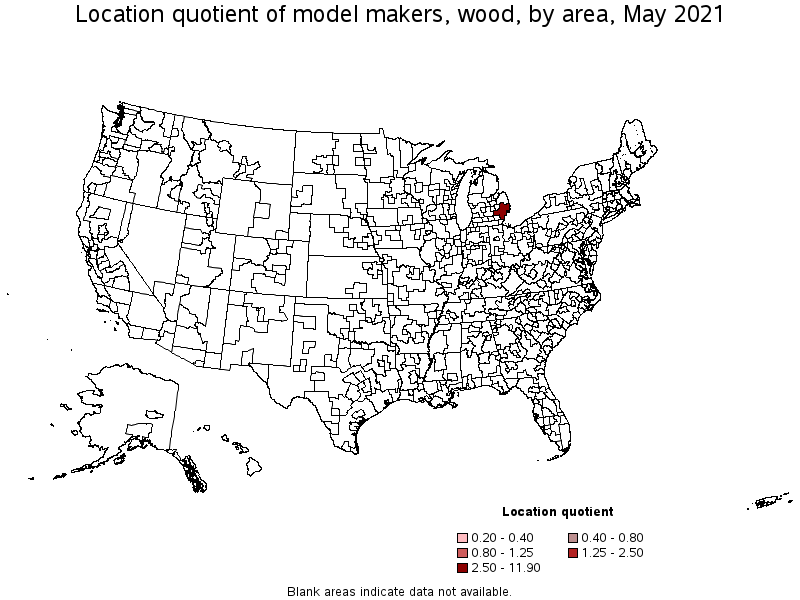 Map of location quotient of model makers, wood by area, May 2021