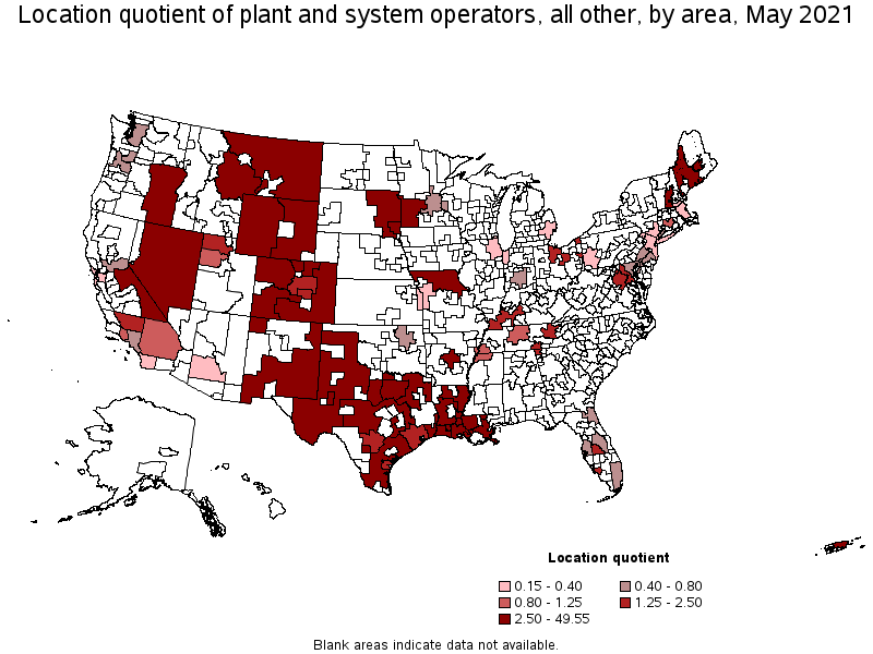 Map of location quotient of plant and system operators, all other by area, May 2021