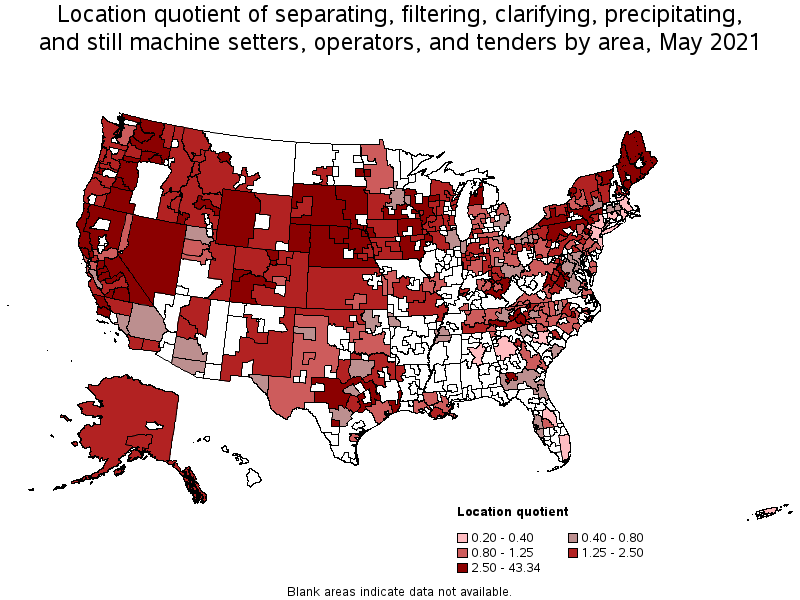 Map of location quotient of separating, filtering, clarifying, precipitating, and still machine setters, operators, and tenders by area, May 2021