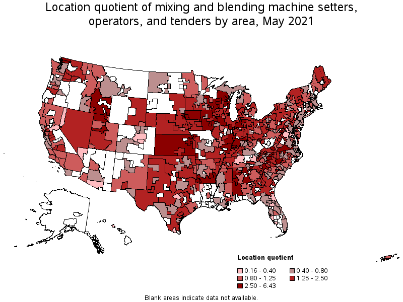 Map of location quotient of mixing and blending machine setters, operators, and tenders by area, May 2021