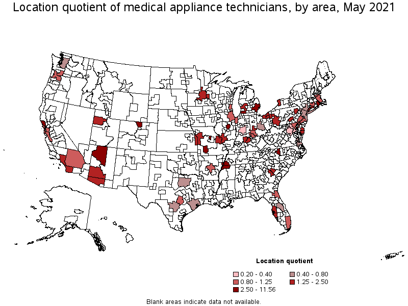 Map of location quotient of medical appliance technicians by area, May 2021