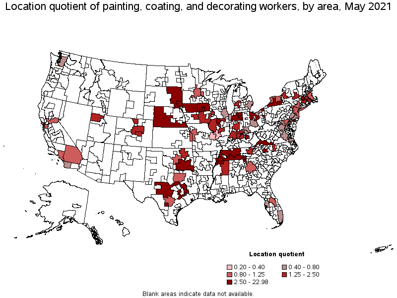 Map of location quotient of painting, coating, and decorating workers by area, May 2021