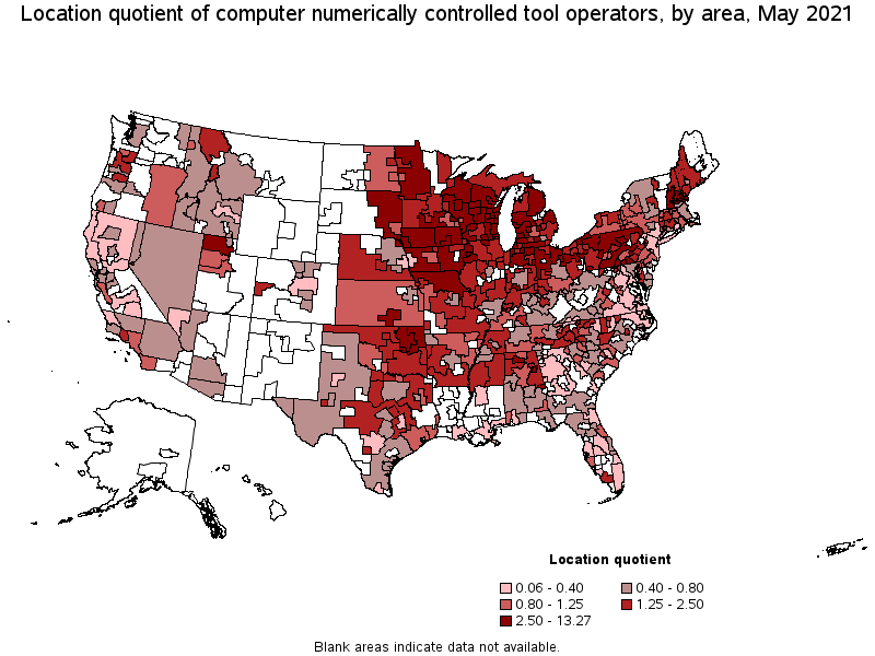 Map of location quotient of computer numerically controlled tool operators by area, May 2021