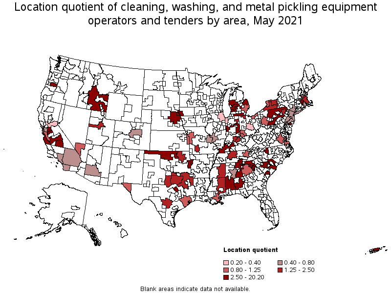 Map of location quotient of cleaning, washing, and metal pickling equipment operators and tenders by area, May 2021