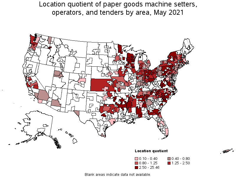 Map of location quotient of paper goods machine setters, operators, and tenders by area, May 2021