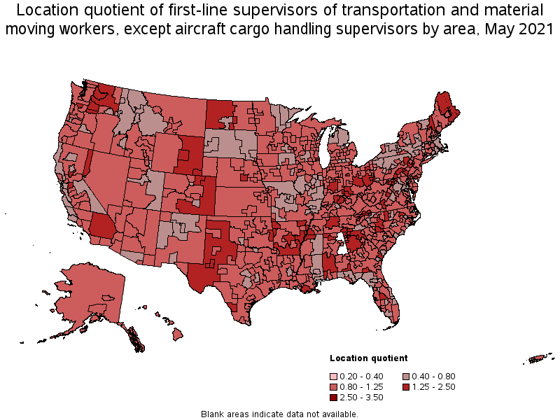 Map of location quotient of first-line supervisors of transportation and material moving workers, except aircraft cargo handling supervisors by area, May 2021