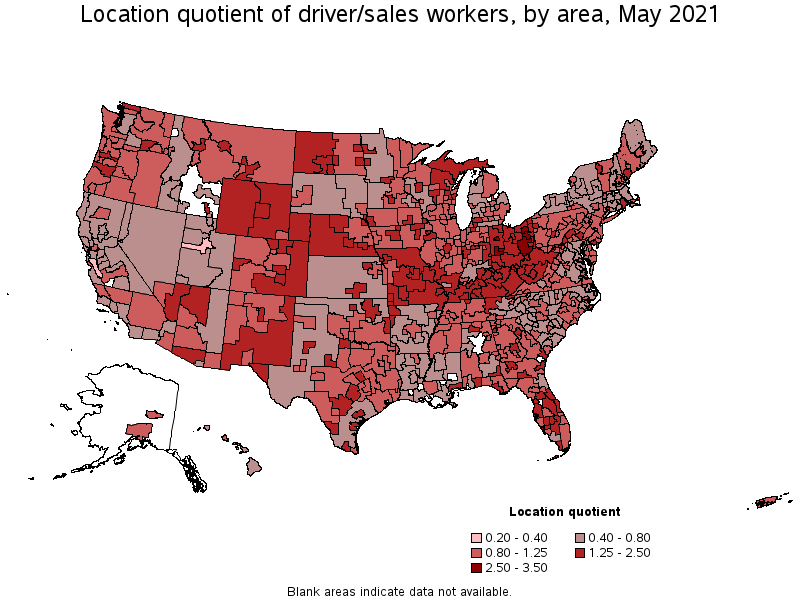 Map of location quotient of driver/sales workers by area, May 2021