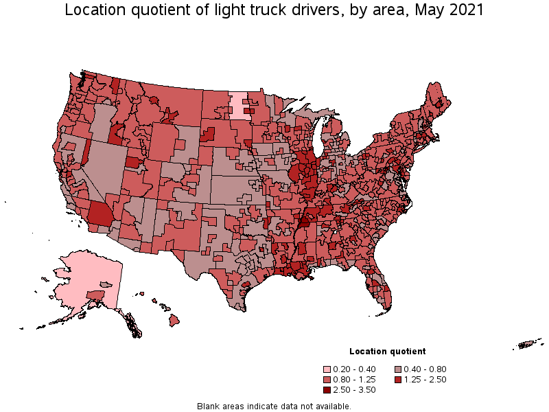 Map of location quotient of light truck drivers by area, May 2021