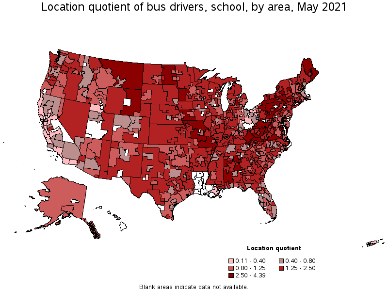 Map of location quotient of bus drivers, school by area, May 2021