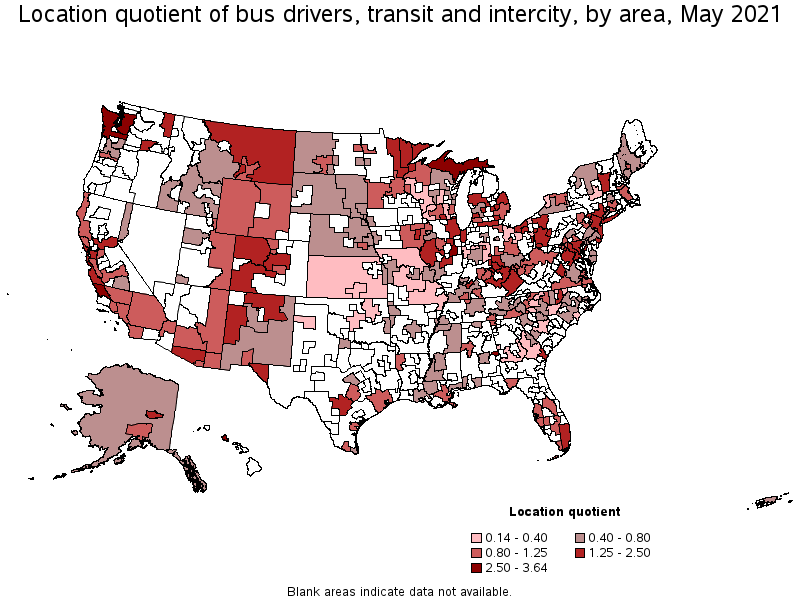 Map of location quotient of bus drivers, transit and intercity by area, May 2021