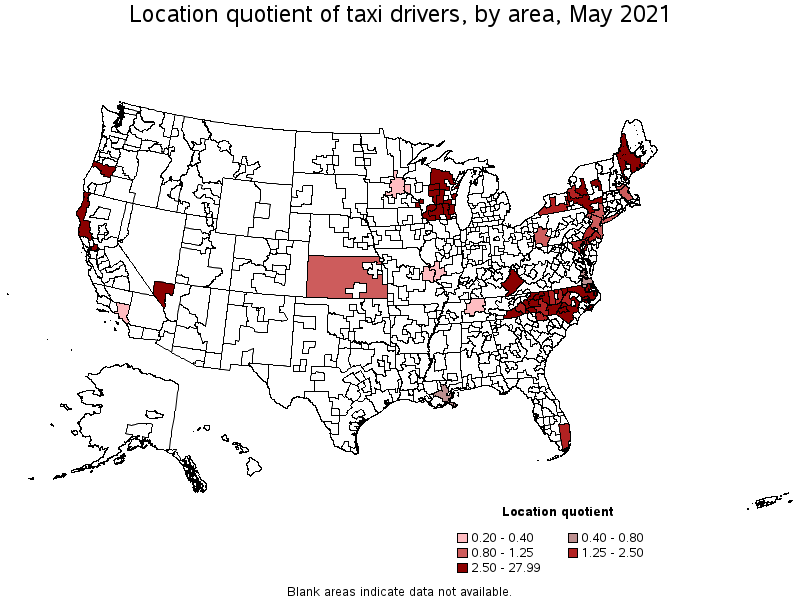 Map of location quotient of taxi drivers by area, May 2021