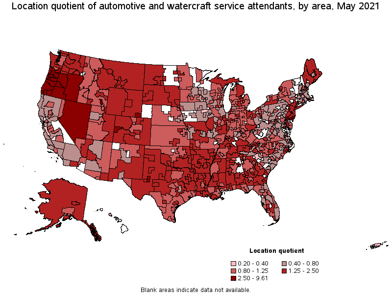 Map of location quotient of automotive and watercraft service attendants by area, May 2021