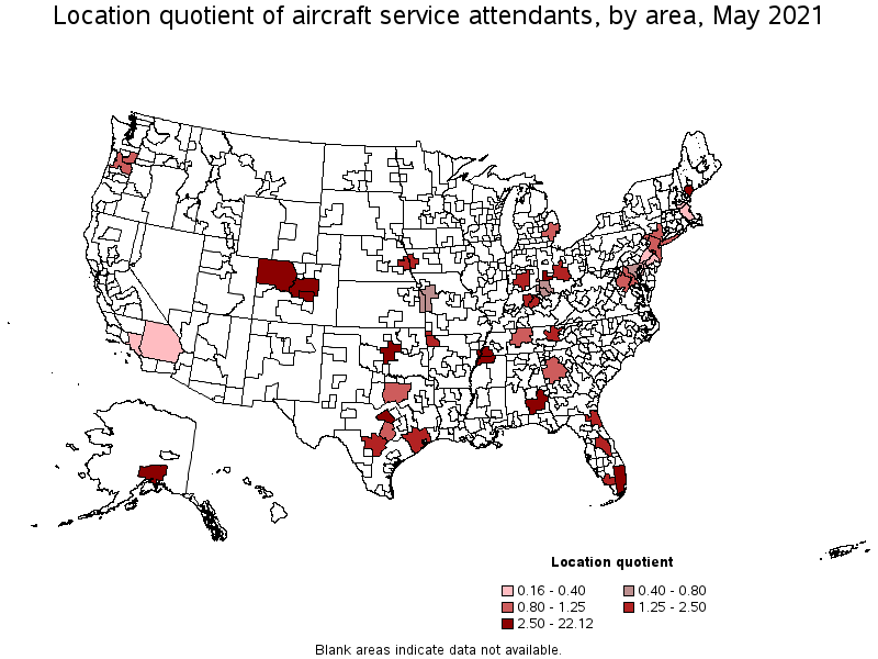 Map of location quotient of aircraft service attendants by area, May 2021