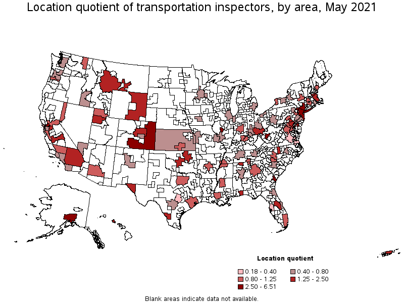 Map of location quotient of transportation inspectors by area, May 2021