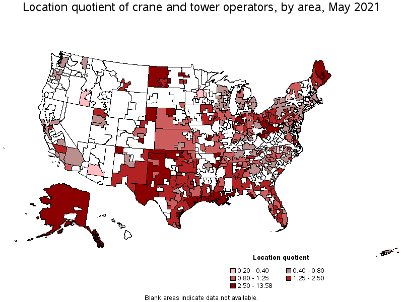 Map of location quotient of crane and tower operators by area, May 2021