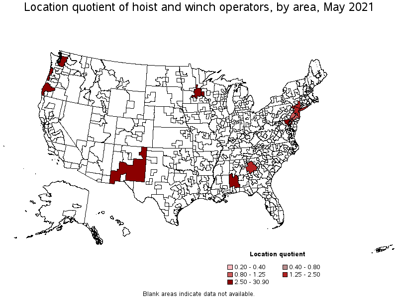 Map of location quotient of hoist and winch operators by area, May 2021