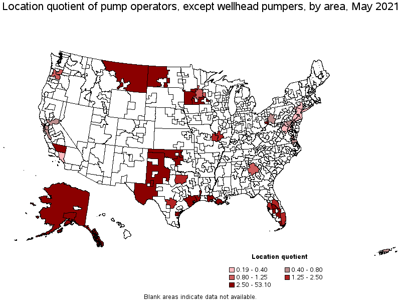 Map of location quotient of pump operators, except wellhead pumpers by area, May 2021