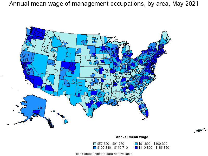 Map of annual mean wages of management occupations by area, May 2021