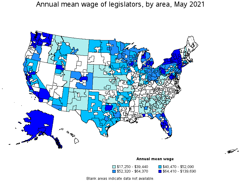 Map of annual mean wages of legislators by area, May 2021