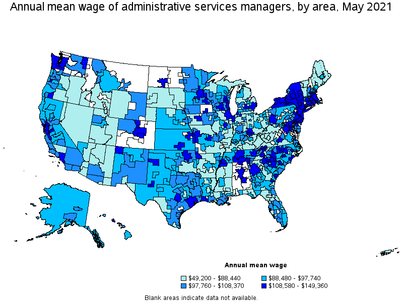 Map of annual mean wages of administrative services managers by area, May 2021