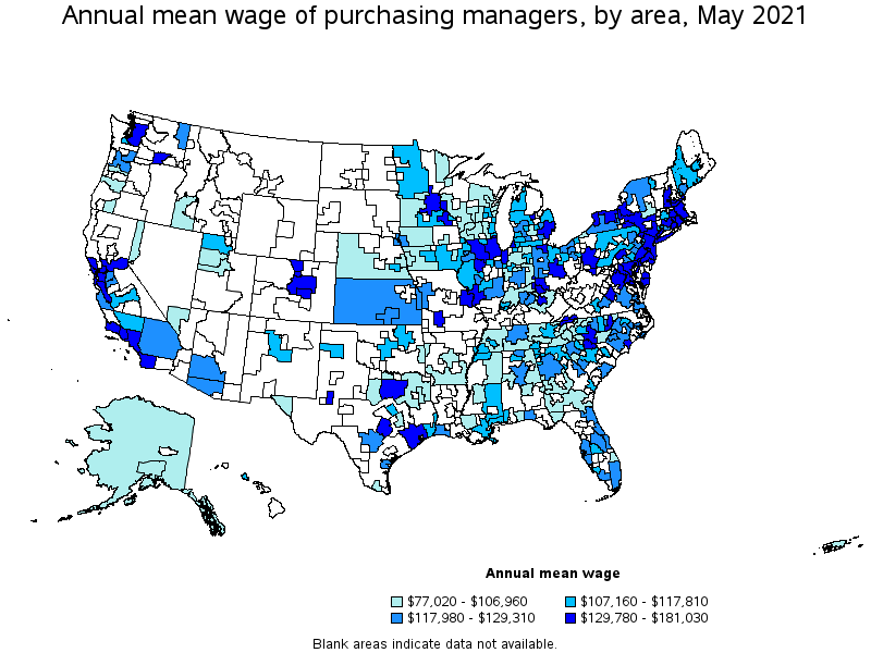 Map of annual mean wages of purchasing managers by area, May 2021