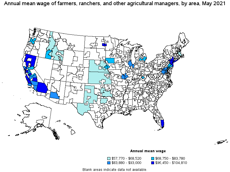 Map of annual mean wages of farmers, ranchers, and other agricultural managers by area, May 2021