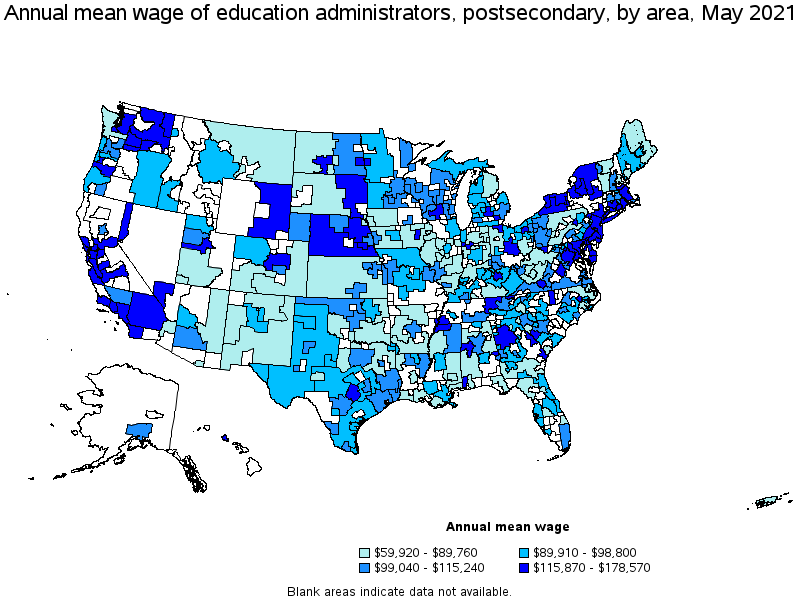 Map of annual mean wages of education administrators, postsecondary by area, May 2021