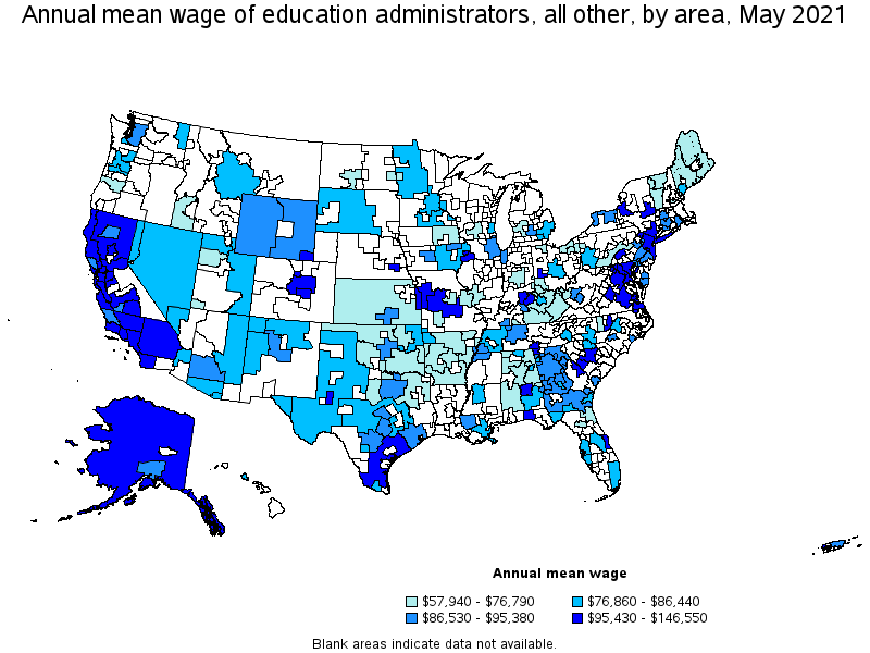 Map of annual mean wages of education administrators, all other by area, May 2021